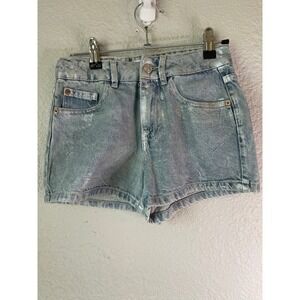 Zara Denim Shorts Silver Metallic‎ Wash High Waisted Girls Size 10